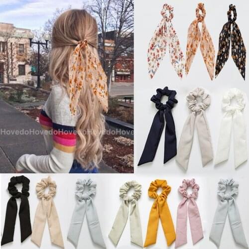 Floral Print Bow Hair Scrunchies Women Hair Ties Rubber Bands Ribbon Headwear Ponytail Holder Sweet Hair Rope Hair Accessories