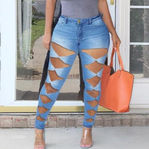Ripped Jeans Women Summer Fashion Hollow Out High Waist Stretch Skinny Jeans Woman Sexy Denim Pencil Pants