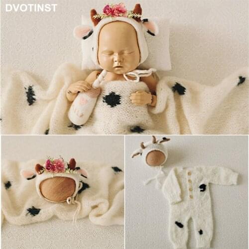 Dvotinst Newborn Baby Photography Props 2021 Knitted Cute Cow Ears Hat Outfits Wraps Set Accessories Studio Shoot Photo Props