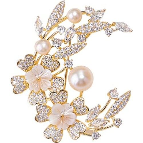 SINZRY factory price new luxury jewelry cubic zircon shell flower natural pearl fancy decorative brooches for women