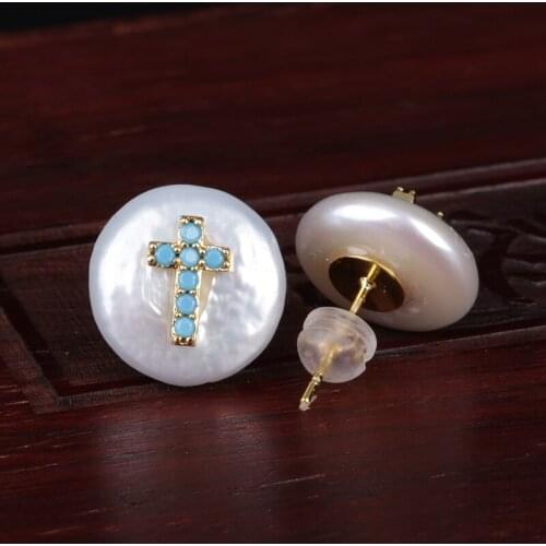 Wedding Gift Mint Green Cz Micro Pave Tiny Cross Religious Charm Natural Coin Freshwater Pearl Bead Charms Button Stud Earring