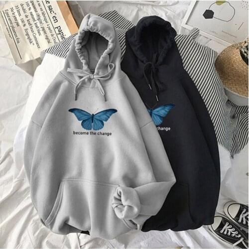 Butterfly print Hoodies Women Hooded Simple All-match Leisure Oversize Pullovers Korean Style Warm Kawaii Womens Loose Streetwea