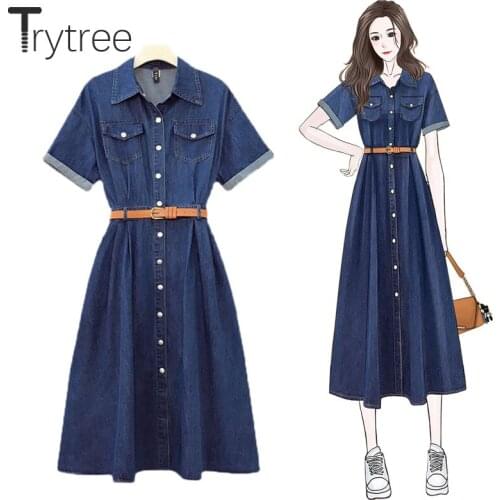 Trytree Summer Woman Dress Casual Soft Denim Dresses Turn-down Collar A-line Belt Pockets Mid-Calf Elegant Office Lady Dress