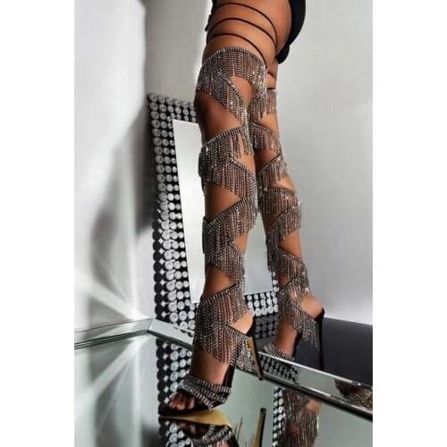 Crystal women sandal Boots Lace Up Open Toe Hollow Gladiator Summer Boots Runway Thin High Heel Shoes Bling Bling T Show Shoes