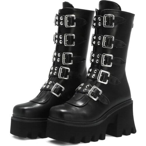 2021 Winter Womens Platform Boots Black Buckle Strap zipper Creeper Wedges Shoes Mid Calf Military Combat Boots