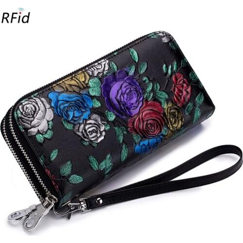 Women Long Wallet Genuine Leather 3D Embossing Rose Dragonfly Butterfly Lady Clutch Bag Large Capability Female Zipper Purse