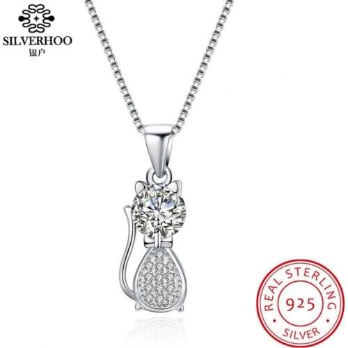 Cats Pendant Necklace 925 Sterling Silver Girl Pendant Necklaces Cute Cat With Cubic Zirconia Necklace For Women Fine Jewelry