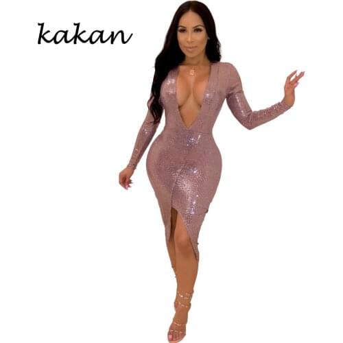 Kakan 2019 spring new womens sequin dress sexy V-neck irregular long-sleeved dress club party dress