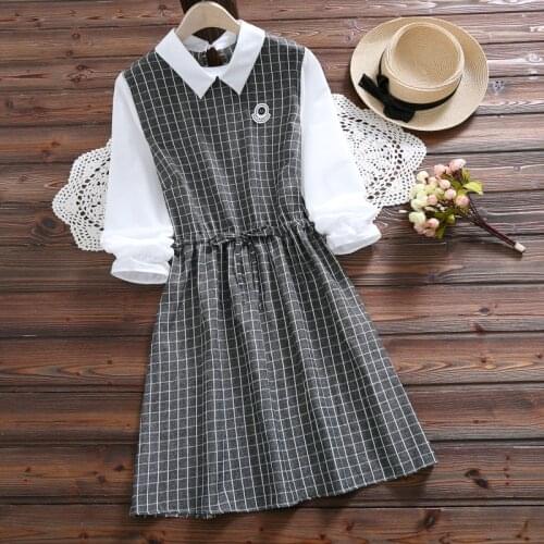 Womens Literary Students Checked Dress Female Japanese School Uniform For Girls Long Sleeve Cotton and Linen Princess Dresses