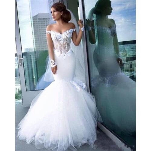 Mermaid Wedding Dresses Tiered Tulle Ruffles Backless Off Shoulder Lace Wedding Gowns Cathedral Train vestidos de novia Bridal