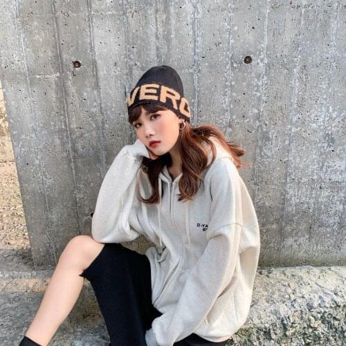 Winter knitted hat womens fleece-lined warm letters Earflaps woolen hat winter riding pullover confinement cap