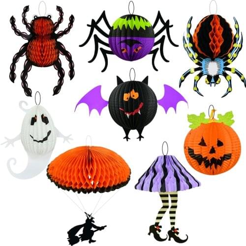 1pc Pumpkin Ghost Spider Bat Shape Honeycomb Paper Balls Halloween Party Decoration Lantern for Home Room Wall Hanging Decor