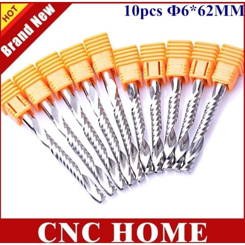 10pcs 6*62MM One Flute Bit, Cutting Tools, Carbide Milling Cutter, Kit for CNC Router Engraving Machine, PVC, Wood, Acryl, Board