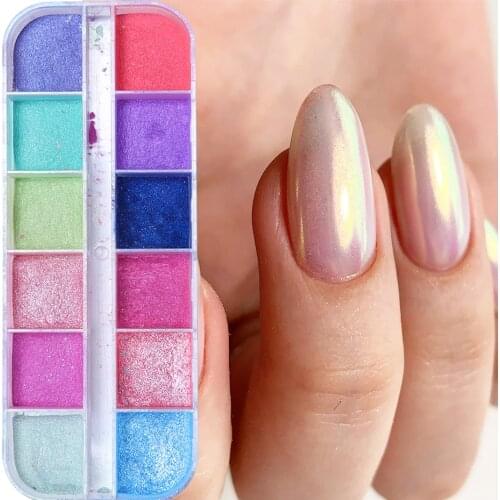 12Grid Mirror Effect Nail Glitter Shimmer Mermaid Pearl Rubbing Acrylic Powder Pigment Nails Accessory Nail Art Decoration LEZGF
