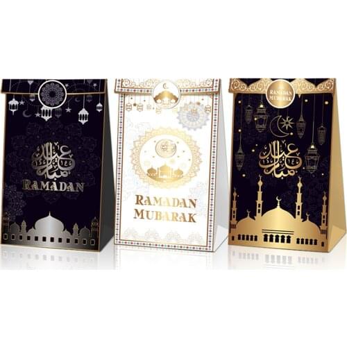 12pcs Eid Mubarak Paper Candy Bags Gift Box Ramadan Kareem Decoration Islamic Muslim Festival Happy Al-Fitr Eid Party Supplies