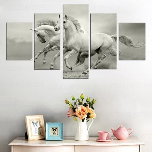 5 Piece Canvas Art Horses Herd Run Wall Decor Animal Paintings White Horse Picture Prints For Living Room Decoration Frame