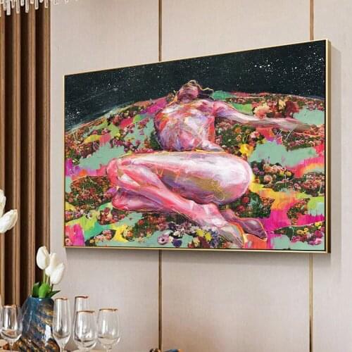 Abstract Nude Woman Lie On Flower Earth Cartoon Poster And Prints Canvas Wall Art Painting For Living Room Home Decoration