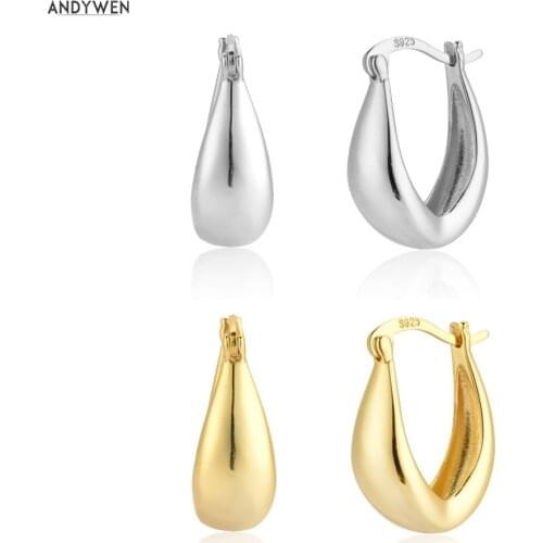 ANDYWEN 100% 925 Sterling Silver Gold Oval Thick Hoop Huggies Circle Women Luxury Fashion Fine Jewelry Simple Plain Jewelry