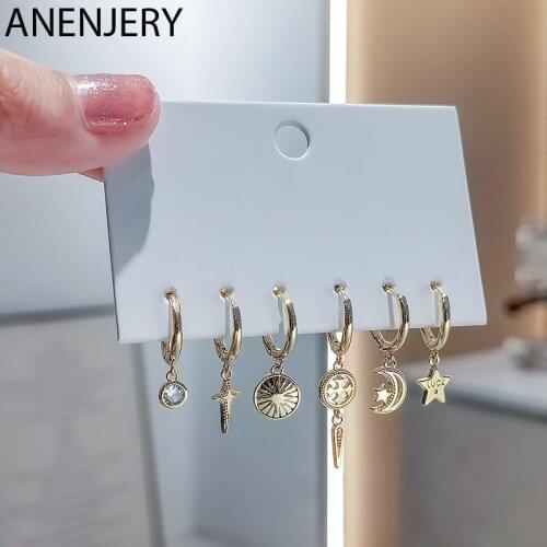 ANENJERY 6 pieces/set 925 Sterling Silver Star Moon Pendant Hoop Earrings Set Retro Shiny Micro Zircon Ear Buckle Women Jewelry