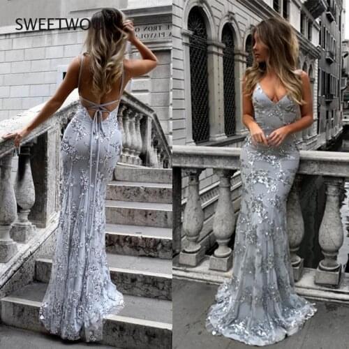 Sequined Mermaid Bodycon Long Dress Women V Neck Elegant Summer Autumn Bandage Sexy Party Maxi Dress Female Vestidos