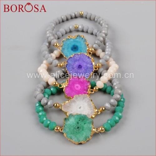 BOROSA Handcrafted Druzy Bracelet Flower Shape Natural Quartz Slice Druzy Connector & 6mm Multi-color Beads Bracelet G1018