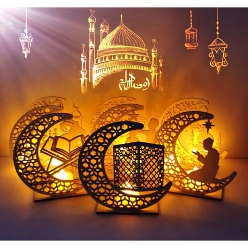 Eid Mubarak Decor Moon Wooden Candles Light Ramadan Kareem Islamic Muslim Home Decoration Festival Supplies