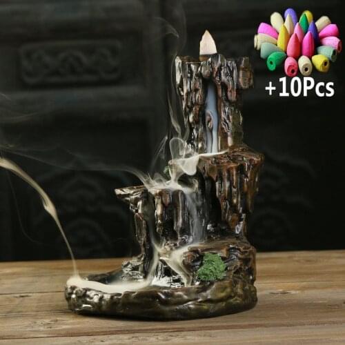 With 10pcs Incense Cones Resin Backflow Incense Burner Mountain Stream Censer Holder