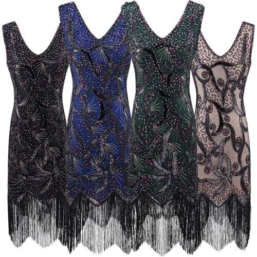 Women 1920s Sequin V-Neck Sleeveless Vintage Dress Retro Great Gatsby Party Costumes Plus Size Fringe Rave Clothing DQL4972