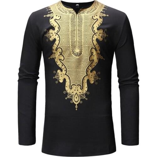 African Dashiki Print T Shirt Men African Clothes 2020 Fashion V Neck Long Sleeve Tee Shirt Homme Hip Hop Streetwear Camiseta