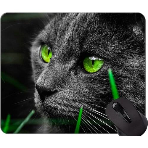 Mouse Pad with Stitched Edge,Green Eyes Cat Non-Slip Rubber Base Mousepad