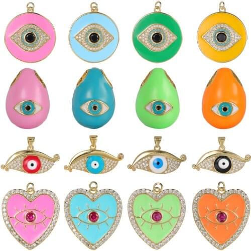 Juya Handmade Colorful Enamel Love Heart Round Greek Evil Eye Charms For DIY Fashion Pendant Bracelet Necklace Making Supplies