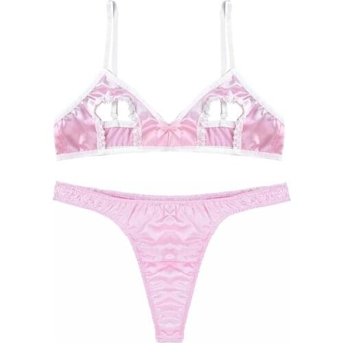 Men Sissy Lingerie Satin Open Cups Bare Nipples Wire-free Bra with Thongs Male Crossdressing Erotic Gay Sexy Underwear