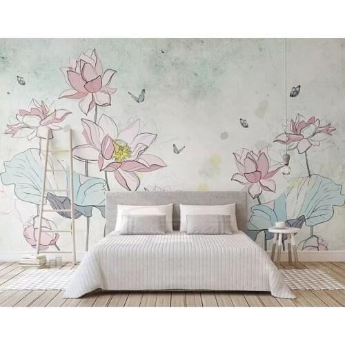 Newest 8d Hand-painted Vintage Wall paper Mural 3D Lotus Butterfly Wallpaper sticker paper For Living Room Wall Murals Decor