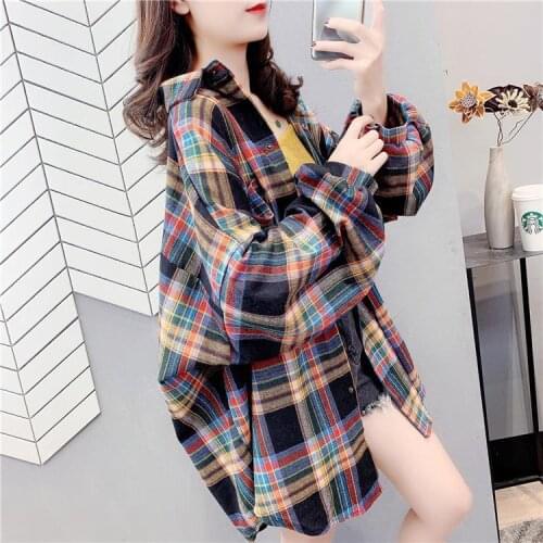 2021 Autumn New Women Vintage Plaid Loose Blouse Female Long Sleeve Turn-Down Collar Shirts Button Up Casual Korean Tops Q446