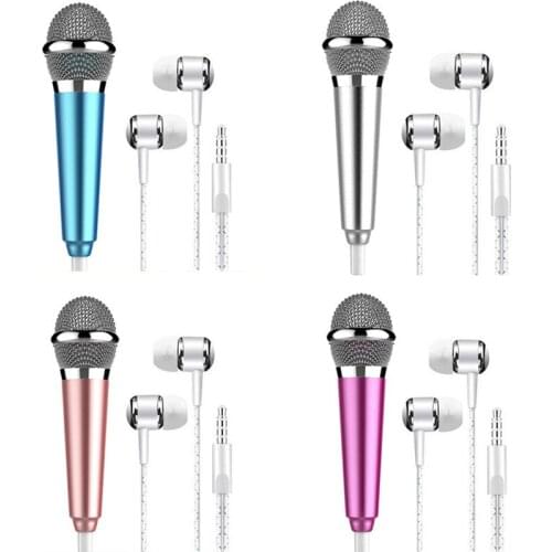 Portable 3.5mm Wired Mini Karaoke Microphone Stereo KTV Condenser MIC with Earphones for Mobile Phone Laptop PC Desktop Computer