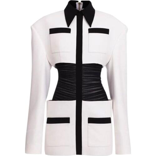 S-XL High Quality 2021 New Fashion Black And White Stitching Folds Waist Wide Shoulders Long Sleeve Pocket Button Women Dress