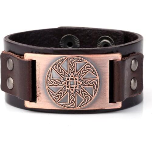 Vintage Irish Knot Slavic Metal Charm Bracelet Adjustable Hide Security Clasp Leather Bracelet Ethnic Women Jewelry