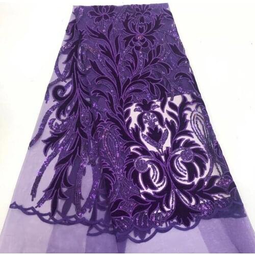High quality purple African french net velvet lace embroidery glitter voile organza cord sequins mesh tulle lace for women dress