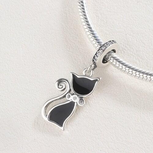 925 Sterling Silver CZ White Zircon Black Enamel Animal Cute Kitty Pendant Charm Bracelet Jewelry Making For Original Pandora