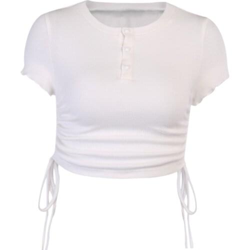 Fanco Summer T-Shirt Women 2021 New Slim Short Sleeve White Feminine O-Neck Button Neckline Expose Navel Solid Tops Female