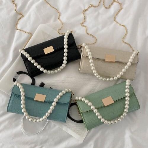 Womens Handbags with Pearls Ladies PU Leather Small Underarm Bag Tote Clutch Purses Simple Female Flap Shoulder Messenger Bags