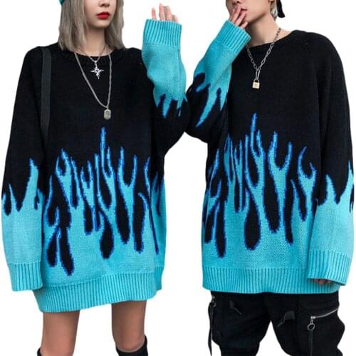 Womens Sweaters Long Sleeves Knitted Pullover Tops Flame Couple Sweatshirt for Him and Her Winter Oversized Outwear