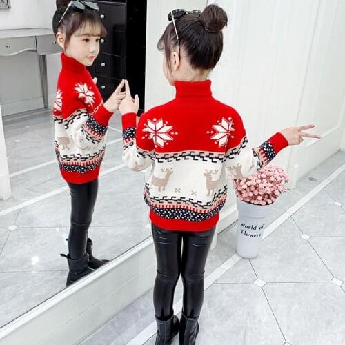 Winter Girls Red Christmas Sweater Childrens 2020 New Big Kids High Neck Fashion Loose Comfortable Thick Warm Knit Sweater