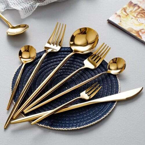 Golden Glossy Fork Knife Dinnerware Set Coffee Spoon Dessert Fork Chopsticks Kitchen Gadget Flatware Stainless Steel Tableware