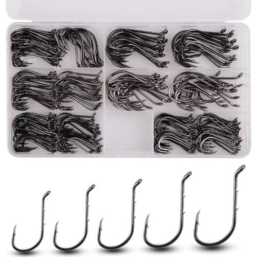 150Pcs/Box High Carbon Steel 1/0-5/0 Fishing Hooks Baitholder Offset Circle Barbed Hooks Jig Fishhooks for Trout fishing