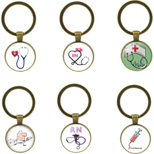 2021 Creative Nurse Keychain Medical Syringe Stethoscope Image Key Chain Glass Cabochon and Glass Dome Key Ring Pendant Gift