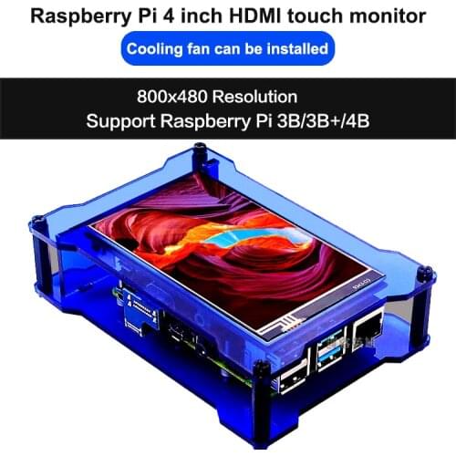 4 Inch Touchscreen Display with Case, Cooling Fan, Raspberry Pi 4'' Touch Screen IPS LCD 800x480 HDMI Monitor for RPI 4B 3B