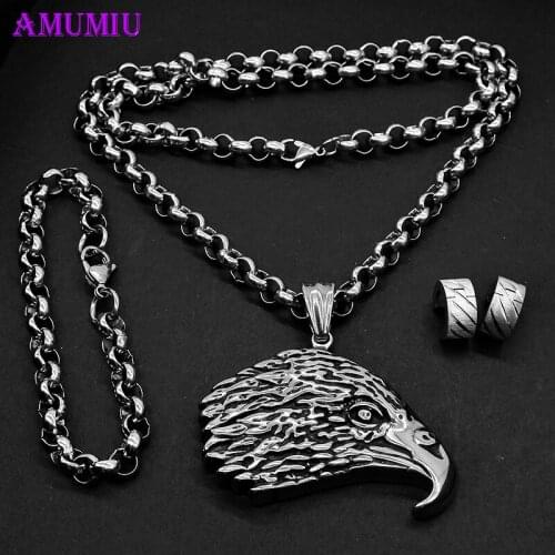 AMUMIU Eagle Pendant Necklace Earring Bracelet Jewelry Set for Women or Men Stainless Steel Jewellery Biker Punk HZJS176