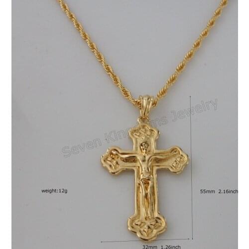 Min order 10$/ - YELLOW GOLD GP OVERLAY 24" TWIST ROPE NECKLACE&JESUS CROSS GOD PENDANT IT HANGS 55MM 2.16 inch Christianity