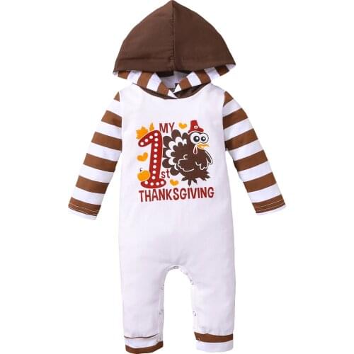 Toddler Babys Casual Autumn Cotton Long Sleeve Jumpsuit Cartoon My 1st Thanksgiving Print Round Neck Hooded Romper